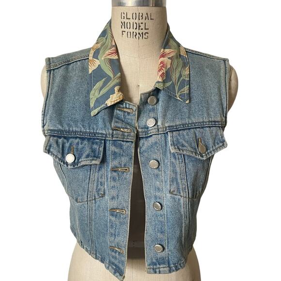 Moda Intl Denim Cropped Western Vest w/ Floral Lining Size Small - Picture 1 of 6